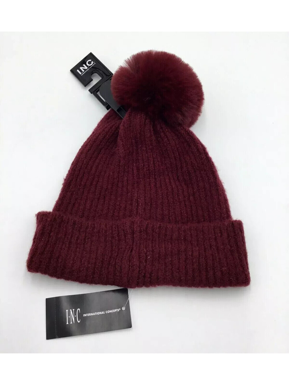 INC International Concepts Women’s Faux-Fur Pom Pom Beanie Wine One Size **NEW**
